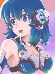 Rule 34 | 1girl, bare shoulders, bikini, blue eyes, blue hair, breasts, character request, check character, check copyright, cleavage, commentary request, copyright request, dated, gradient background, hakua noriko, headgear, looking to the side, medium hair, nantoka fumihiko, open mouth, smile, solo, swimsuit, tamiya incorporated, teeth, upper body