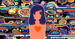 Rule 34 | 1girl, abstract background, antennae, blue eyes, blue hair, expressionless, heart, highres, long hair, looking at viewer, no nose, original, outline, sizucomaru, solo, upper body, white outline