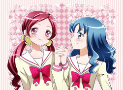 Rule 34 | 10s, 2girls, blue eyes, blue hair, blush, checkered background, couple, eye contact, floral background, hanasaki tsubomi, heartcatch precure!, holding hands, interlocked fingers, kagami chihiro, kurumi erika, long hair, looking at another, multiple girls, pink eyes, pink hair, precure, school uniform, smile, twintails, upper body, wavy hair, yuri