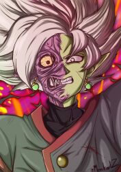 1boy black_bodysuit blood_on_clothes body_horror bodysuit colored_sclera colored_skin dragon_ball dragon_ball_super earrings eye_veins fused_zamasu green_skin grey_eyes heterochromia highres jewelry looking_at_viewer melting mismatched_sclera monikartz multicolored_skin mutation pointy_ears potara_earrings purple_skin red_eyes sharp_teeth solo spiked_hair teeth white_hair yellow_sclera