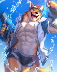 Rule 34 | 1boy, :d, abs, absurdres, animal ears, bara, barrel (cool gunfighter) (live a hero), barrel (live a hero), beige fur, brown fur, bulge, dog boy, dog ears, dog tail, feet out of frame, furry, furry male, goggles, goggles on head, grey male swimwear, grin, highres, holding, holding water gun, large pectorals, live a hero, looking at viewer, madaato (psgw3383), male focus, male swimwear, muscular, muscular male, navel, official alternate costume, open mouth, orange fur, pectoral cleavage, pectorals, see-through, short hair, smile, solo, stomach, swim briefs, tail, thick thighs, thighs, walking, water, water gun