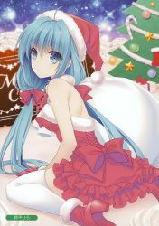 Rule 34 | 1girl, absurdres, ankle boots, arm support, artist name, bare shoulders, blue eyes, blue hair, boots, bow, box, breasts, cake, choker, christmas ornaments, cream, dress, food, from behind, fur trim, gift, gift box, gloves, hair bow, hat, highres, holding, layered dress, looking at viewer, looking back, low twintails, medium breasts, melonbooks, pom pom (clothes), red dress, red footwear, red gloves, sack, santa costume, santa hat, scan, shiny skin, short dress, sidelocks, sitting, solo, strapless, strapless dress, suzuhira hiro, thighhighs, twintails, wariza, white thighhighs, zettai ryouiki