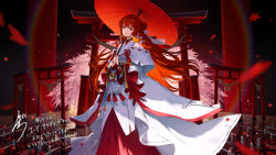Rule 34 | 1girl, bare shoulders, black gloves, bridal gauntlets, copyright request, gloves, hair bun, hair ornament, highres, holding, holding umbrella, hoojiro, japanese clothes, kimono, lens flare, long skirt, long sleeves, looking at viewer, oil-paper umbrella, parted lips, red hair, red skirt, red theme, red umbrella, signature, single hair bun, skirt, solo, standing, tassel, torii, umbrella, white kimono, x hair ornament