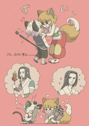 Rule 34 | 1girl, 2boys, ?, ??, animal ears, black hair, black pants, bracelet, brown hair, cat boy, cat ears, cat tail, fox ears, fox girl, fox tail, highres, jewelry, leaning forward, luo xiaohei, luo xiaohei (human), luo xiaohei zhanji, mugi-co, multiple boys, multiple views, open mouth, pants, pink background, red pants, ruoshui (the legend of luoxiaohei), scroll, short hair, short sleeves, simple background, smile, sparkle, tail, thought bubble, white hair, wuxian (the legend of luoxiaohei)