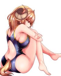 Rule 34 | 1girl, animal ears, armpits, bare arms, bare legs, bare shoulders, barefoot, blonde hair, breasts, competition swimsuit, from side, horns, hugging own legs, large breasts, looking at viewer, looking to the side, nana (mogs1225), one-piece swimsuit, original, parted lips, profile, sheep ears, sheep horns, sheep tail, sideboob, sitting, solo, swimsuit, tail, yellow eyes