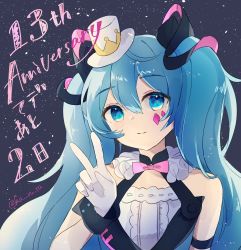 Rule 34 | 1girl, anniversary, bare shoulders, blue eyes, blue hair, blush, closed mouth, dress, facial mark, gloves, hand up, haruta (user dndp3458), hat, hatsune miku, highres, long hair, magical mirai (vocaloid), magical mirai miku, magical mirai miku (2019), mini hat, sleeveless, sleeveless dress, smile, solo, tilted headwear, translation request, twintails, twitter username, upper body, vocaloid, white dress, white gloves, white hat