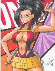 Rule 34 | 1girl, 2018, artist name, bare arms, bare shoulders, black eyes, black hair, boku no hero academia, breasts, cleavage, cowboy shot, female focus, high ponytail, holding, large breasts, leotard, midriff peek, narrow waist, navel, open mouth, plunging neckline, ravernclouk design, red leotard, solo, standing, traditional media, v-shaped eyebrows, yaoyorozu momo