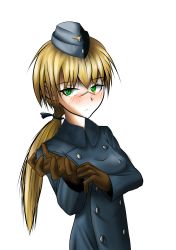 Rule 34 | 1girl, absurdres, adjusting clothes, adjusting gloves, blonde hair, coat, garrison cap, gloves, green eyes, hanna rudel, hat, highres, jacket, jatts, long hair, military, military uniform, ponytail, scar, solo, strike witches, trench coat, uniform, world witches series