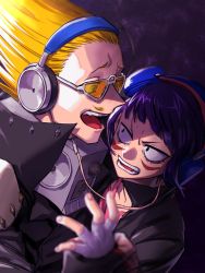Rule 34 | 1boy, 1girl, amplifier, annoyed, audio jack, black hair, black jacket, blonde hair, blurry, blurry foreground, boku no hero academia, close-up, costume, dark background, eye contact, facial hair, fingerless gloves, gloves, hair up, headphones, highres, holding another&#039;s wrist, jacket, jirou kyouka, long hair, looking at another, mustache, open mouth, osutoraria (1ndi g0), present mic, short hair, simple background, speaker, teacher and student, teeth, tinted eyewear, upper-body, upper teeth only