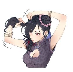 Rule 34 | 1girl, adjusting hair, animal print, armpit crease, arms up, bangle, black hair, bracelet, breasts, china dress, chinese clothes, cleavage, cleavage cutout, closed mouth, clothing cutout, commentary, cropped torso, dress, english commentary, final fantasy, final fantasy vii, final fantasy vii remake, grey dress, hair bun, hair ornament, high collar, holding, holding own hair, jewelry, large breasts, leopard print, lips, long hair, official alternate costume, official alternate hairstyle, print dress, pudelmudel, red eyes, solo, swept bangs, tassel, tassel hair ornament, tifa lockhart, tifa lockhart (sporty dress), tying hair, upper body, white background