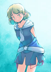 Rule 34 | 1girl, arms behind back, black shirt, blonde hair, blue background, blush, breasts, closed mouth, commentary request, cowboy shot, expressionless, gradient background, green eyes, grey skirt, leaning forward, looking to the side, medium bangs, mizuhashi parsee, neckerchief, pointy ears, rangycrow, sash, shirt, short hair, short sleeves, skirt, small breasts, solo, touhou, white neckerchief, white sash, | |