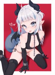 Rule 34 | 1girl, :3, absurdres, ahoge, bare shoulders, bat hair ornament, bikini, bikini bottom only, black bikini, black gloves, black horns, black thighhighs, black wings, blue eyes, blue hair, blunt bangs, border, breasts, broken, broken chain, chain, cleavage cutout, clothing cutout, commentary, crop top, cuffs, demon horns, demon wings, elbow gloves, fake horns, fangs, fins, fish tail, gawr gura, gloves, grey hair, hair ornament, halterneck, hands on floor, heart, highres, hololive, hololive english, horns, long hair, looking at viewer, lucasyecla99, multicolored hair, open mouth, outside border, pointy ears, red background, shackles, shark girl, shark tail, side-tie bikini bottom, sidelocks, sitting, small breasts, solo, streaked hair, swimsuit, symbol-only commentary, tail, thighhighs, tongue, tongue out, two side up, virtual youtuber, wariza, white border, wings