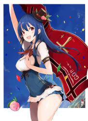 Rule 34 | 1girl, adapted costume, alternate costume, arm up, bad id, bad pixiv id, blue hair, blush, cleavage cutout, clothing cutout, confetti, food, fruit, hat, hat ribbon, hinanawi tenshi, jpeg artifacts, long hair, looking at viewer, open mouth, peach, puffy sleeves, red eyes, ribbon, short sleeves, sky, smile, solo, tetsurou (fe+), touhou, underbust