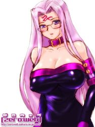 Rule 34 | 00s, bare shoulders, blush, breasts, cleavage, collar, detached sleeves, dress, fate/stay night, fate (series), glasses, huge breasts, long hair, medusa (fate), medusa (rider) (fate), pink hair, purple eyes, solo, square pupils, strapless, strapless dress, zero hime