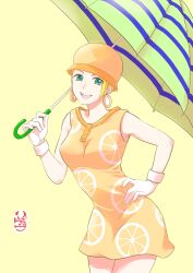 Rule 34 | 1girl, aqua eyes, blonde hair, commentary request, cowboy shot, dress, earrings, fruit print, gloves, hat, highres, holding, holding umbrella, jewelry, looking at viewer, miss valentine, one piece, open mouth, orange dress, orange hat, short dress, sidelocks, sleeveless, sleeveless dress, solo, teeth, tsutsujirikyou, umbrella, upper body, upper teeth only, white gloves, yellow background