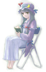 Rule 34 | 1girl, barefoot, book, capelet, chair, crescent, female focus, folding chair, full body, hair ribbon, hat, long hair, patchouli knowledge, purple eyes, purple hair, ribbon, sitting, solo, takanashi akihito, touhou