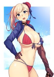 Rule 34 | 1girl, american flag bikini, asymmetrical gloves, asymmetrical hair, beach, bikini, blue eyes, border, breasts, bun cover, choker, cleavage, cloud, cloudy sky, day, fate/grand order, fate (series), flag print, gloves, grin, large breasts, long hair, looking at viewer, miyamoto musashi (fate), miyamoto musashi (fate/grand order), miyamoto musashi (swimsuit berserker) (fate), miyamoto musashi (swimsuit berserker) (second ascension) (fate), navel, o-ring, o-ring choker, one eye closed, open mouth, pink hair, shrug (clothing), skindentation, sky, smile, solo, standing, swimsuit, uneven gloves, wakamesan, white border