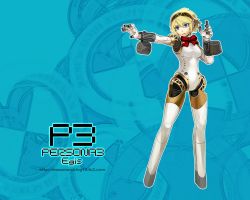 Rule 34 | 1girl, aegis (persona), android, atlus, blonde hair, blue background, blue eyes, bow, copyright name, drum magazine, forgotten artist, full body, high-capacity magazine, joints, magazine (weapon), outline, outstretched arm, persona, persona 3, robot joints, ryman, solo, wallpaper, watermark, web address, white outline