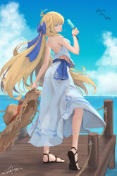 Rule 34 | 1girl, absurdres, antenna hair, bare arms, bare shoulders, bird, black footwear, blonde hair, blue eyes, blue ribbon, blue sky, cloud, cloudy sky, day, food, from behind, full body, hair ribbon, hat, heel up, highres, holding, holding clothes, holding food, holding hat, horizon, jewelry, long hair, long skirt, looking at viewer, miso (b7669726), mole, mole under eye, original, outdoors, popsicle, ribbon, sandals, shirt, signature, skirt, sky, sleeveless, sleeveless shirt, solo, straw hat, tongue, tongue out, unworn hat, unworn headwear, very long hair, white shirt, white skirt