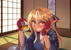 Rule 34 | 1girl, absurdres, alcohol, architecture, blonde hair, blue kimono, blush, bow, braid, cup, dark-skinned female, dark elf, dark skin, detached sleeves, east asian architecture, elf, eyelashes, floral print, gloves, grin, hair between eyes, hair bow, hand on own cheek, hand on own face, hand up, head rest, highres, hikachuu6, holding, holding cup, hololive, japanese clothes, kimono, long hair, looking at viewer, multicolored hair, orange eyes, pointy ears, red gloves, shiranui flare, shiranui flare (new year), smile, solo, streaked hair, tatami, upper body, virtual youtuber, wide sleeves