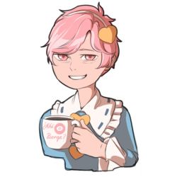 Rule 34 | blouse, blue shirt, buttons, cup, exhausted, frilled shirt collar, frills, hair ornament, hairband, heart, heart hair ornament, holding, holding cup, komeiji satori, long sleeves, looking at viewer, mefomefo, pink eyes, pink hair, shirt, short hair, simple background, smile, solo, spanish text, touhou, upper body, white background, wide sleeves