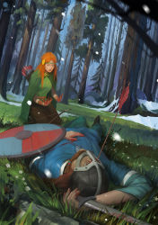Rule 34 | 1boy, 1girl, absurdres, alette (banner saga), arrow (projectile), beard, blood, blood on clothes, blood on hands, blue shirt, bow (weapon), bracer, brown hair, brown skirt, cape, corpse, closed eyes, facial hair, forest, grass, green cape, haryarti, helmet, highres, long hair, nature, onef, orange hair, quiver, shield, shirt, sitting, skirt, snow, spoilers, sword, the banner saga, weapon