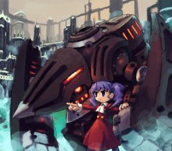 Rule 34 | 1girl, ascot, bad id, bad pixiv id, chingisu, dress, indoors, long sleeves, machinery, mecha, outstretched arm, parody, pointing, red dress, robot, solo, standing, the big o, twintails