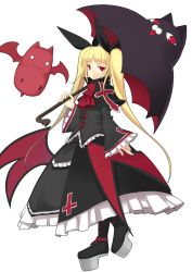 Rule 34 | 1girl, arc system works, blazblue, blonde hair, bow, gii, long hair, nago, platform footwear, rachel alucard, red bow, red eyes, shoes, slit pupils, solo, twintails, very long hair