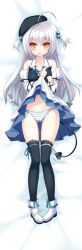 Rule 34 | 1girl, :p, ahoge, bare shoulders, beret, black thighhighs, blush, cameltoe, clothes lift, dakimakura (medium), demon tail, detached sleeves, dress, dress lift, full body, hair bobbles, hair ornament, hat, highres, long hair, looking at viewer, lying, minamura haruki, navel, on back, orange eyes, original, panties, silver hair, solo, striped clothes, striped panties, tail, thighhighs, tongue, tongue out, two side up, underwear