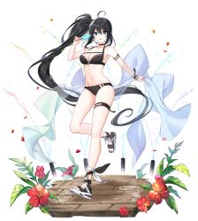 Rule 34 | 1girl, ahoge, arm strap, armpits, bare legs, bare shoulders, bikini, black bikini, black choker, black hair, blue eyes, breasts, choker, cleavage, closed mouth, closers, collarbone, food, hand up, highres, holding, holding food, holding popsicle, leg ribbon, leg up, long hair, looking at viewer, medium breasts, navel, non-web source, official art, popsicle, ribbon, sandals, side ponytail, smile, solo, stomach, swimsuit, thigh strap, thighs, tongue, tongue out, very long hair, wet, wristband, yuri seo, zipper pull tab