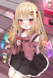 Rule 34 | 1girl, :d, absurdres, alternate costume, alternate hair length, alternate hairstyle, blonde hair, can, cellphone, ear piercing, flandre scarlet, from above, hair ornament, hairclip, highres, holding, holding phone, long hair, looking at viewer, no headwear, okome2028, open mouth, phone, piercing, pointy ears, red eyes, skirt, smartphone, smile, solo, strong zero, touhou, two side up, vending machine, very long hair, wings, x hair ornament