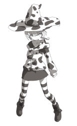 Rule 34 | 00s, 1girl, 2009, animal print, blonde hair, braid, cow print, greyscale, hat, inemuri uno, monochrome, new year, original, solo, striped, thighhighs, witch hat