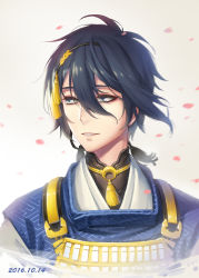 Rule 34 | 10s, 1boy, absurdres, black hair, blue eyes, blush, cherry blossoms, dated, eyebrows, highres, looking away, luode huayuan, male focus, mikazuki munechika, parted lips, short hair, smile, solo, teeth, touken ranbu