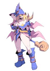 Rule 34 | 1girl, absurdres, alternate breast size, bare shoulders, blonde hair, blowing kiss, blue eyes, blue hat, blush stickers, boots, breasts, cleavage, dark magician girl, detached sleeves, full body, green eyes, hat, highres, holding, holding staff, long hair, looking to the side, magical girl, off shoulder, one eye closed, pasties, pobotto, scepter, simple background, skirt, solo, staff, star pasties, white background, witch hat, wizard hat, yu-gi-oh!