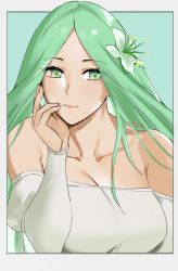 Rule 34 | 1girl, bare shoulders, blue background, breasts, cleavage, closed mouth, dress, female focus, fire emblem, fire emblem: three houses, flower, green eyes, green hair, hair flower, hair ornament, hand on own face, highres, large breasts, long hair, long sleeves, matching hair/eyes, nintendo, off-shoulder dress, off shoulder, rhea (fire emblem), sendo (sendrawz), simple background, solo, white dress