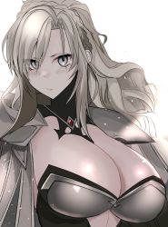 Rule 34 | 1girl, alternate breast size, blush, braid, breasts, cleavage, dress, fate/grand order, fate (series), french braid, grey dress, grey eyes, grey hair, kriemhild (fate), kriemhild (third ascension) (fate), large breasts, long hair, looking at viewer, mole, mole under eye, sidelocks, simple background, white background