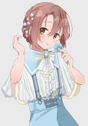 Rule 34 | 1boy, absurdres, androgynous, asuka kanzaki, blue background, blue flower, blue shirt, blue theme, blush, brown eyes, brown hair, closed mouth, clothing request, ear piercing, flower, grey background, hair flower, hair ornament, highres, ksrgiing, looking at viewer, male focus, mole, mole under eye, nail polish, original, piercing, shirt, short hair, shorts, simple background, smile, solo, suspenders, trap