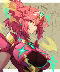 Rule 34 | 1girl, absurdres, alternate hairstyle, braid, breasts, chest jewel, earrings, french braid, from side, hair pulled back, headpiece, highres, impossible clothes, jewelry, large breasts, lips, pimozzarella, pyra (xenoblade), red eyes, short ponytail, short sleeves, sketch background, solo, tiara, upper body, xenoblade chronicles (series), xenoblade chronicles 2, zoom layer