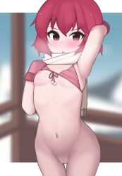 Rule 34 | 1girl, :o, alpha transparency, arm up, bikini, bikini top only, blurry, blurry background, blush, breasts, breath, cleft of venus, gloves, groin, idolmaster, idolmaster cinderella girls, letterboxed, looking at viewer, murakami tomoe, navel, nipples, nuclear cake, pink hair, purple bikini, purple eyes, purple gloves, pussy, scarf, short hair, small breasts, solo, stomach, swimsuit, thigh gap, thighs, white scarf