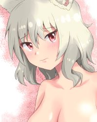 Rule 34 | 1girl, animal ears, blush, breasts, collarbone, embarrassed, inubashiri momiji, komachi fumi (force333), looking at viewer, red eyes, short hair, silver hair, solo, tears, topless, touhou, wavy mouth, wolf ears