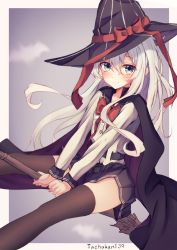 Rule 34 | 1girl, black hat, black sailor collar, black skirt, black thighhighs, blue eyes, blush, broom, cape, closed mouth, hair between eyes, halloween, halloween costume, hat, hibiki (kancolle), highres, kantai collection, long hair, long sleeves, pleated skirt, sailor collar, sailor shirt, shirt, silver hair, skirt, smile, solo, tachakan, thighhighs, twitter username, verniy (kancolle), white shirt, witch hat
