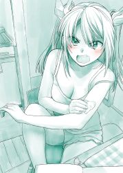 Rule 34 | 1girl, aqua theme, bare arms, bare shoulders, blue theme, blush, bow, boyshort panties, bra slip, breasts, camisole, chair, cleavage, commentary request, fang, hair bow, highres, kantai collection, long hair, looking at viewer, monochrome, open mouth, sitting, solo, spot color, table, tissue, tone (kancolle), twintails, v-shaped eyebrows, yami (m31)