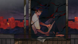 Rule 34 | 1boy, balcony, barefoot, black hair, black pants, book, branch, building, city, collared shirt, commentary request, day, from outside, from side, grey sky, highres, holding, holding pencil, juuni kokuki, knee up, looking to the side, male focus, nanjou (sumeragimishiro), on floor, open book, overcast, pants, pencil, railing, reflection, school uniform, shirt, short hair, sitting, sky, sliding doors, solo, taiki (juuni kokuki), white shirt