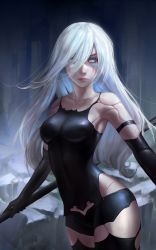 Rule 34 | 1girl, absurdres, alisa nilsen, android, black gloves, blue eyes, breasts, camisole, elbow gloves, gloves, hair over one eye, highres, holding, holding polearm, holding weapon, joints, lips, long hair, md5 mismatch, medium breasts, mole, mole under mouth, nier (series), nier:automata, no blindfold, polearm, polearm behind back, robot joints, short shorts, shorts, silver hair, solo, weapon, a2 (nier:automata)