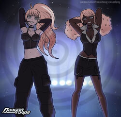 Rule 34 | 2girls, afro, afro puffs, alternate costume, armpits, arms behind head, arms up, artist name, black gloves, black pants, black shirt, black skirt, blonde hair, breasts, cargo pants, choker, cleavage, clothing request, collarbone, crop top, danganronpa: trigger happy havoc, danganronpa (series), danganronpa another episode: ultra despair girls, dark skin, denim, denim skirt, enoshima junko, female focus, gloves, grey hair, headset, highres, hypnosis, jewelry, large breasts, long hair, maschaorsomething, microphone, midriff, mind control, multicolored background, multiple girls, navel, necklace, open mouth, pants, ponytail, second generation enoshima junko, shirt, shoulder gloves, signature, simple background, skirt, smile, spiral, spotlight, teeth, twintails, watermark, web address