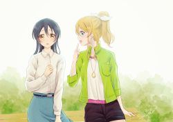 Rule 34 | 2girls, ayase eli, blonde hair, blue eyes, blue hair, blush, commentary request, hair between eyes, hair ribbon, long hair, long sleeves, looking at another, love live!, love live! school idol project, multiple girls, open mouth, pointing, pointing at self, ponytail, ribbon, shirt, sitting, smile, sonoda umi, suito, white shirt, yellow eyes