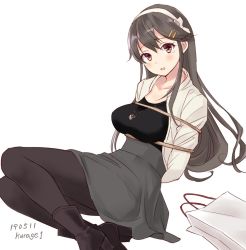Rule 34 | 1girl, alternate costume, bag, black footwear, black hair, black pantyhose, black shirt, blazer, boots, bound, brown eyes, cowboy shot, dated, grey skirt, hair ornament, hairband, hairclip, haruna (kancolle), headgear, jacket, jewelry, kantai collection, kurage1, long hair, looking at viewer, necklace, one-hour drawing challenge, pantyhose, shirt, shopping bag, simple background, skirt, smile, solo, tied up, twitter username, white background, white blazer, white hairband