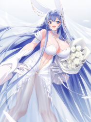 Rule 34 | 1girl, :d, absurdly long hair, absurdres, animal ears, azur lane, bare shoulders, blue eyes, blue hair, bouquet, breasts, bridal veil, cang se ye hua, chinese commentary, choker, cleavage, collarbone, commentary request, dress, elbow gloves, fake animal ears, feathers, flower, gloves, hair between eyes, hair intakes, heart, heart-shaped pupils, highres, holding, holding another&#039;s wrist, holding bouquet, huge breasts, large breasts, long hair, looking at viewer, new jersey (azur lane), new jersey (snow-white ceremony) (azur lane), official alternate costume, open mouth, rabbit ears, see-through, sidelocks, smile, solo, standing, stomach, symbol-shaped pupils, teeth, upper teeth only, veil, very long hair, wedding dress, white choker, white dress, white gloves