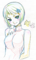 Rule 34 | 10s, 1girl, arms behind back, bare shoulders, rabbit, china dress, chinese clothes, color trace, colored pencil (medium), dress, embarrassed, flower, hair flower, hair ornament, hairclip, huang baoling, light smile, nishida asako, short hair, sketch, sleeveless, solo, tiger, tiger &amp; bunny, traditional media