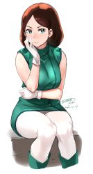 Rule 34 | 1girl, artist name, boots, breasts, brown hair, dated, emma sheen, gloves, green eyes, green footwear, gundam, hand on own cheek, hand on own face, highres, large breasts, military, military uniform, pantyhose, parted bangs, short hair, sitting, sketch, sleeveless, smile, solo, tachibana roku, uniform, white background, white gloves, white pantyhose, zeta gundam